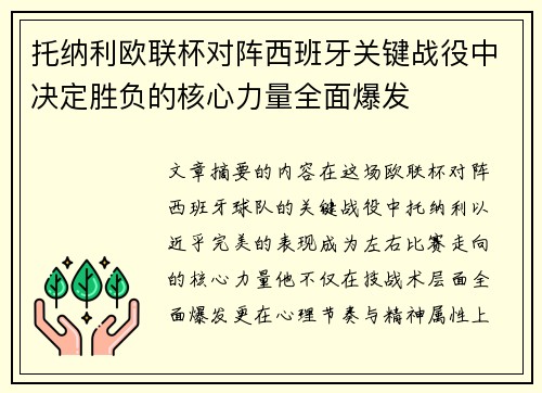 托纳利欧联杯对阵西班牙关键战役中决定胜负的核心力量全面爆发 托纳利欧联杯对阵西班牙关键战役中决定胜负的核心力量全面爆发